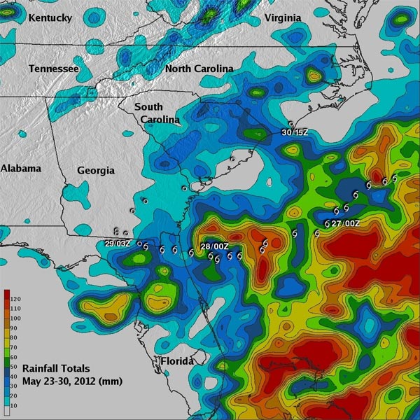 Precipitación acumulada (mm.) entre el 23.05.12 y el 30.05.12, según el satélite TRMM. Crédito: NASA.