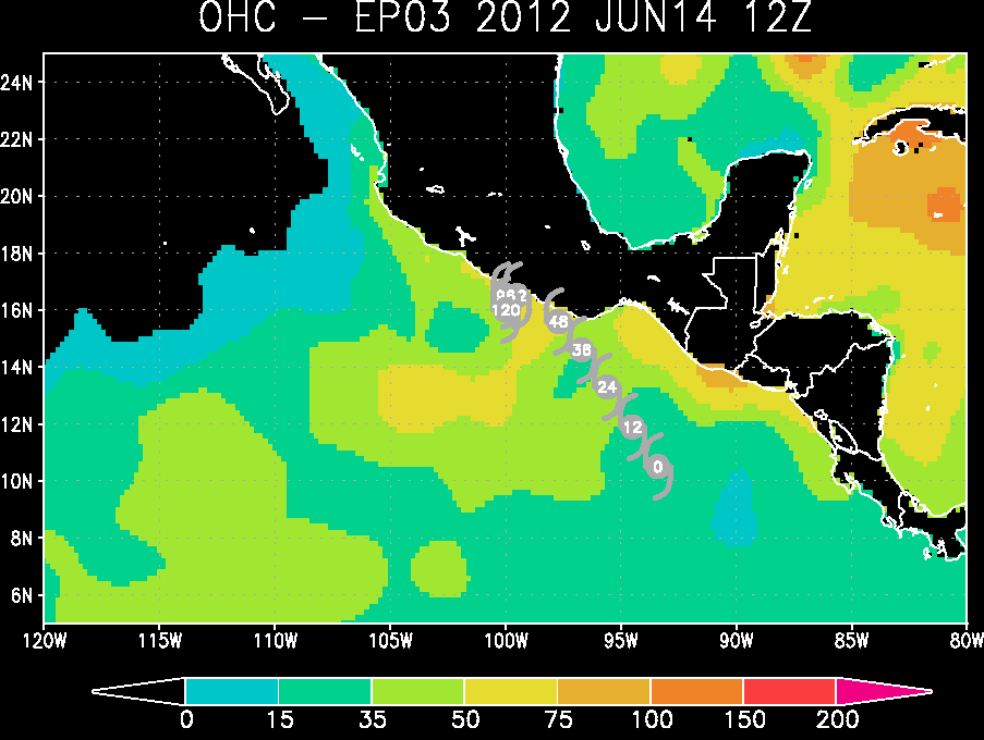 Mapa de Contenido de Calor Oceánico, Ocean Heat Content, OHC, 14.06.12, 12 UTC. Crédito: RAMMB / CIRA.