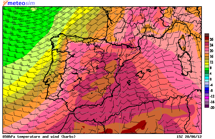 Viento (intensidad y dirección) y temperatura, al nivel de 850 hPa. Modelo MASS, 28.06.12, 15 UTC.