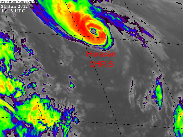 Imagen infrarroja y falso color RGB de CHRIS, convirtiéndose en el primer huracán de la temporada. Crédito: NASA.