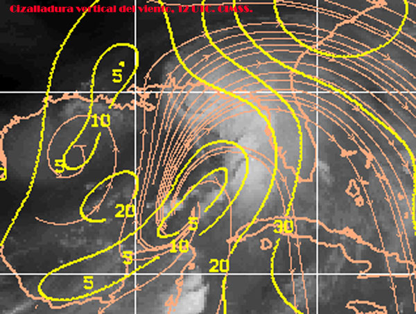 Imagen de vapor de agua de DEBBY, cizalladura (trazo amarillo) y flujos de viento (trazo color carne), 24.06.12, 12 UTC.