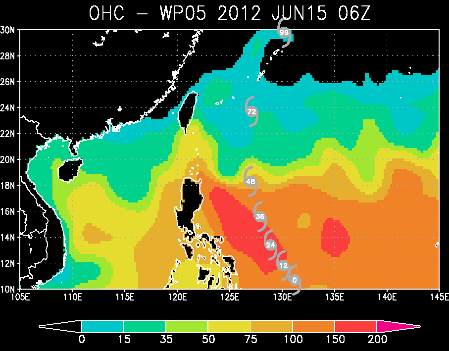 Ocean Heat Content, Contenido en Calor Oceánico, y rumbo previsto para GUCHOL. 15.06.12, 06 UTC. Crédito: RAMMB/CIRA.