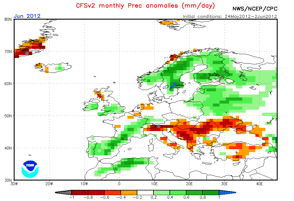 Anomalías de precipitación previstas para junio por el modelo estacional CFS. Crédito: NWS/NCEP/CPC