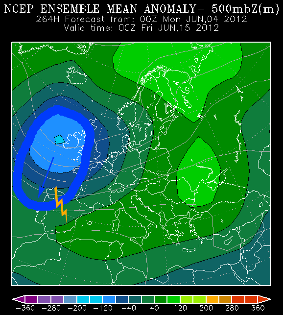 Anomalía de altura geopotencial de 500 hPa, prevista para el 17 de junio a las 00 UTC. Crédito: NCEP.