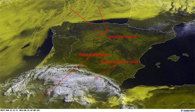 Imagen visible y falso color RGB de la Península Ibérica, 07 UTC. Crédito: EUMETSAT.