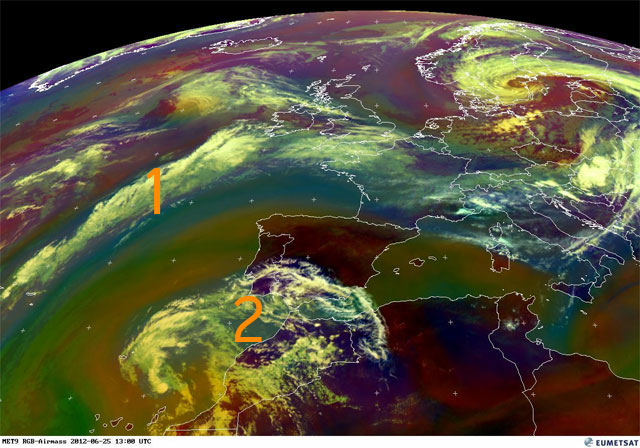 Imagen en modo 'masas de aire', centrada en la Península Ibérica. 25.06.12, 13 UTC. Crédito: EUMETSAT.