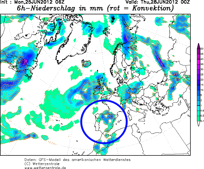 Precipitaciones acumuladas en 6 horas, previstas para el 28.06.12, 00 UTC. Crédito: wetterzentrale.