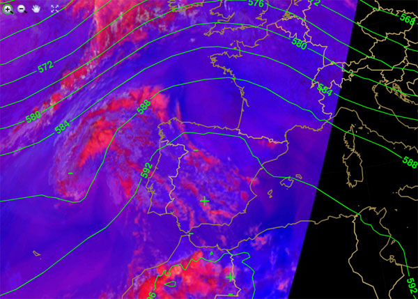 Imagen infrarroja y falso color RGB (modo convección), y campo de isohipsas de 500 hPa, centrado en la Península. 26.05.12, 18 UTC. Crédito: EUMETRAIN.