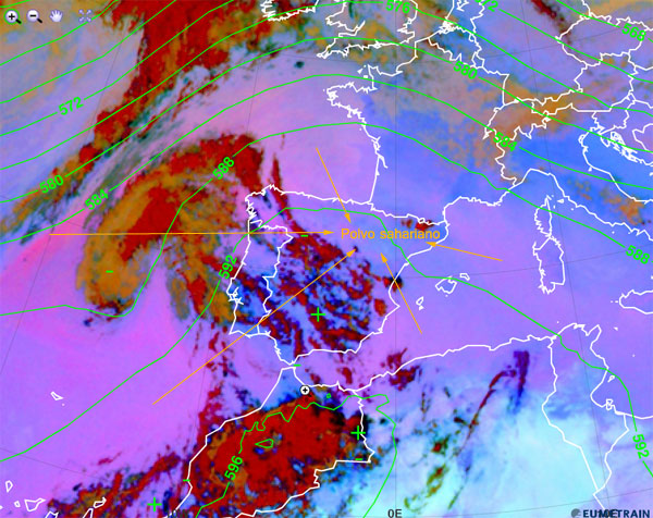 Imagen infrarroja y falso color RGB (modo polvo en suspensión), y campo de isohipsas de 500 hPa, centrada en la Península. 26.06.12, 18 UTC. Crédito: EUMETRAIN.