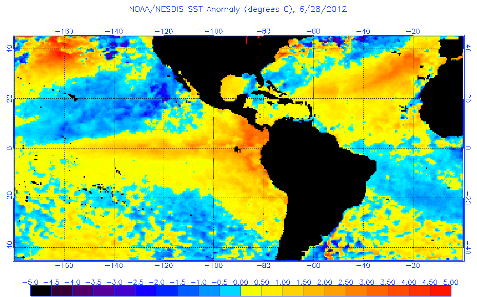 Anomalía de temperatura de las aguas superficiales del Atlántico Norte, 28.06.12. Crédito: NOAA.