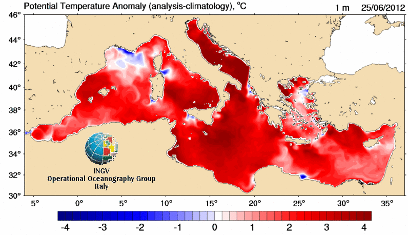 Anomalía de temperatura de las aguas del Mediterráneo, a 1 m. de profundidad, 25.06.12.