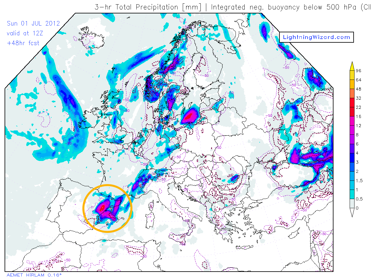 Precipitación acumulada en 3 horas, modelo HIRLAM, 01.07.12, 12 UTC.