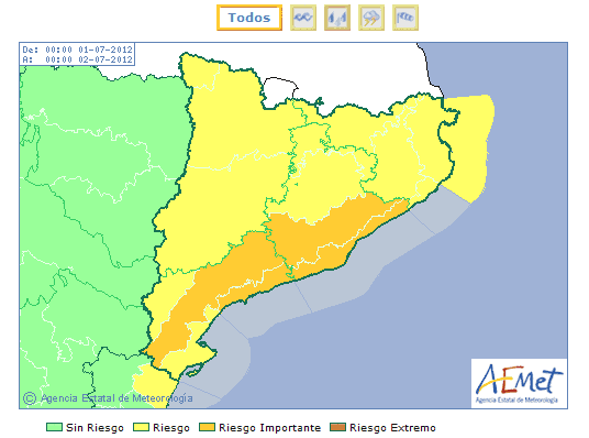 Avisos por lluvias y tormentas previstos para mañana en Cataluña por la Agencia Estatal de Meteorología.
