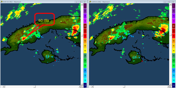 Imágenes obtenidas a partir del radar meteorológico de Punta del Este (Cuba), 10:30 y 11:15 (hora local).