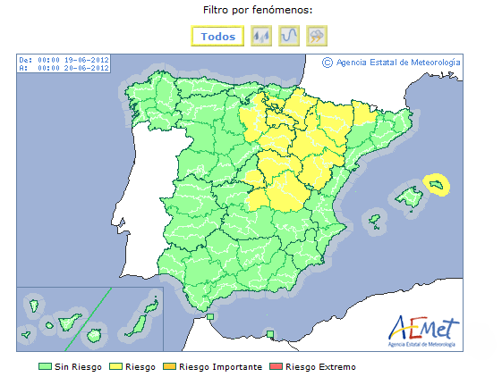 Mapa de avisos de la Agencia Estatal de Meteorología, del 19.06.12, 00 horas a 20.06.12, 00 horas.