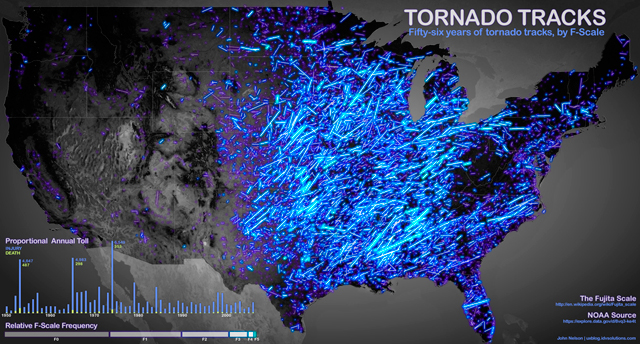 Infografía. 1950-2006: trayectoria, intensidad y víctimas de todos los tornados registrados en EE.UU.