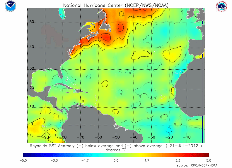 Anomalías de temperaturas de las aguas superficiales del Atlántico Norte, 21.07.12. Crédito: NOAA.