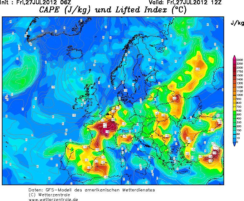 Mapa de CAPE y LI previsto para las 12 UTC de hoy. Crédito: wetterzentrale.