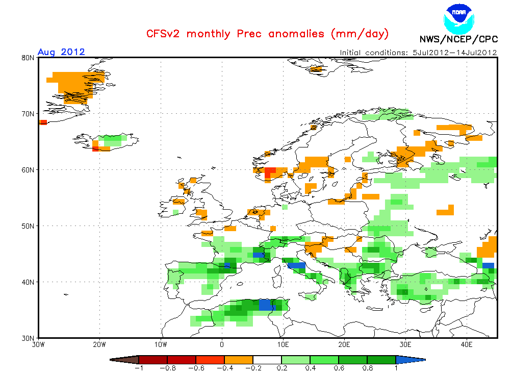 Anomalías de precipitación previstas para el mes de agosto. Crédito: NOAA.