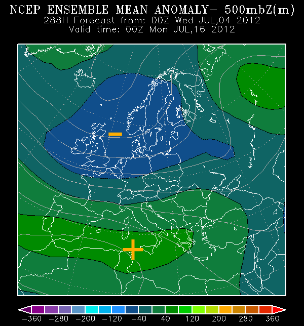 Anomalía de altura geopotencial de 500 hPa, previsto para el 16.07.12, 00 UTC. Crédito: NCEP