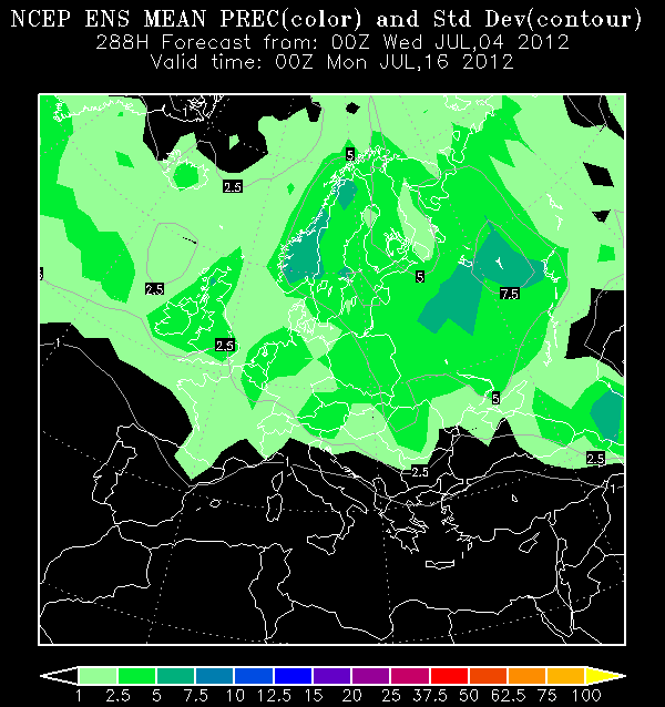 Anomalías de precipitación previstas para el 16.07.12, 00 UTC. Crédito: NCEP.