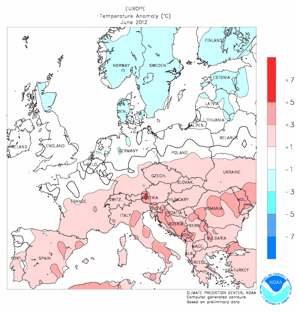 Anomalía de temperatura según el CPC en Europa. Junio 2012.