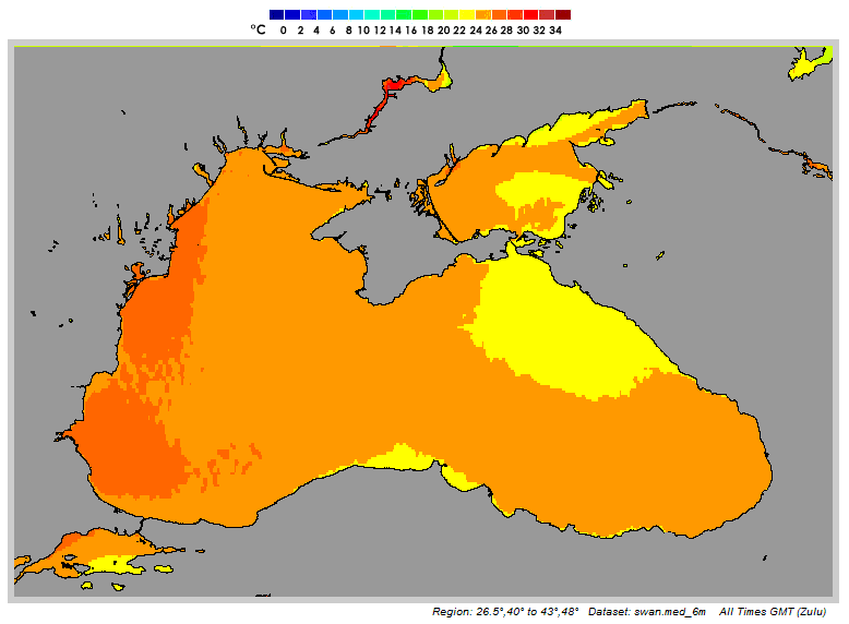 Temperatura de las aguas superficiales del Mar Negro, 08.07.12. Crédito: magicseaweed.