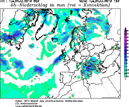 Precipitación acumulada a intervalos de 6 horas, entre el 24.07.12, 12 UTC y el 27.07.12, 12 UTC. Modelo GFS. Crédito: wetterzentrale.