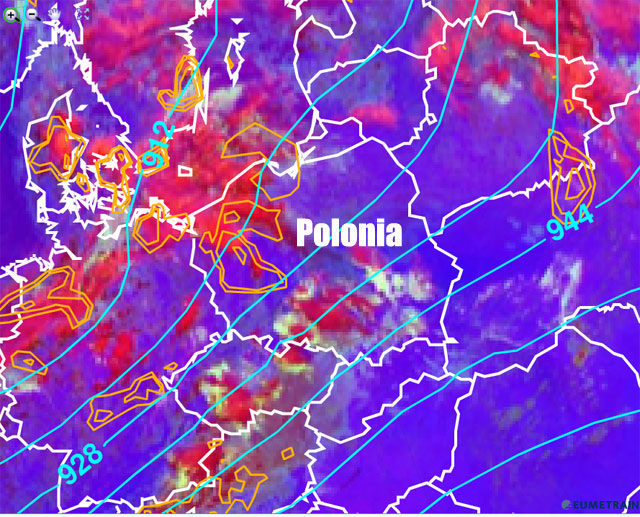 Imagen infrarroja y falso color RGB (modo convección), y campo de isohipsas de 300 hPa, centrado en la Polonia. 14.07.12, 12 UTC. Crédito: EUMETRAIN.