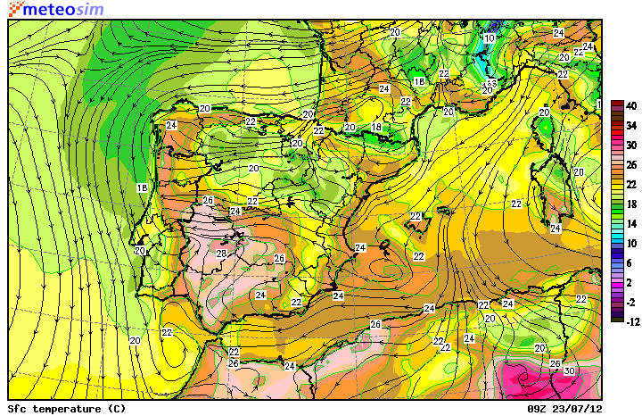 Temperatura en superficie y líneas de flujo. Modelo MASS, 23.07.12, 09 UTC.