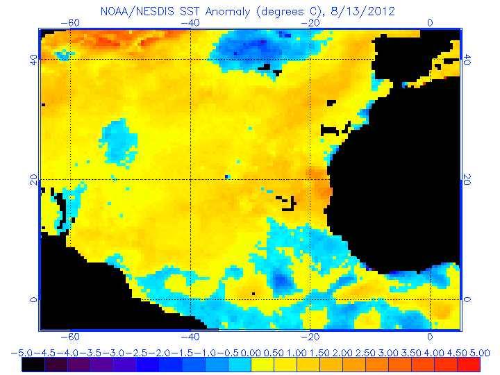 Anomalías de temperatura en aguas superficiales, Atlántico Este. Crédito: NOAA.