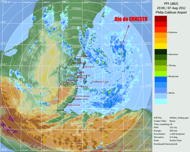 Imagen de radar de ERNESTO, 07.08.12, 20 UTC. Crédito: Servicio Meteorológico Nacional de Belize (Hydromet).