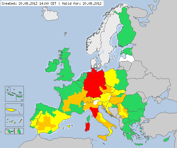 Avisos por temperaturas máximas extremas en Europa. Crédito: Meteoalarm.