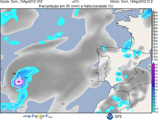 Precipitaciones acumuladas en 6 horas, previstas para el 19.08.12, 21 UTC. Modelo GFS.