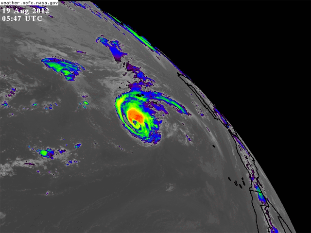 Imagen infrarroja y falso color RGB de GORDON respecto a Azores y la Península Ibérica, 19.08.12, 05:47 UTC. Crédito: NASA.
