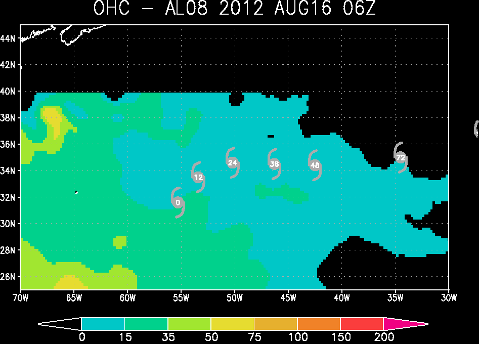 Mapa de Contenido de Calor Océanico (Ocean Heat Content, OHC), 06 UTC. Crédito: RAMMB / CIRA.