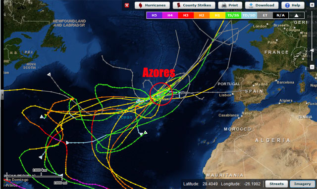 Trayectorias de ciclones tropicales que hayan pasado cerca o por encima de Azores. Crédito: NOAA.