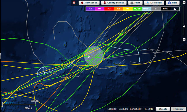 Trayectorias de ciclones tropicales que hayan pasado cerca o por encima de Azores. Crédito: NOAA.