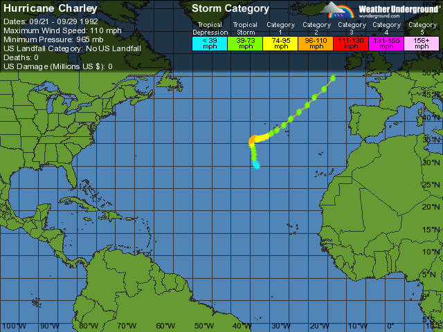 Trayectoria e intensidades del Huracán CHARLEY, año 1992.
