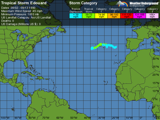 Trayectoria e intensidades de la tormenta tropical EDOUARD, año 1990.