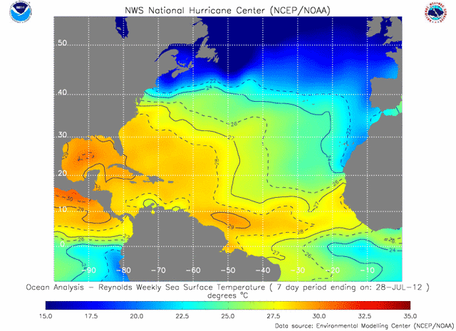 Temperatura de las Aguas Superficiales del Atlántico Norte, 28.07.12.