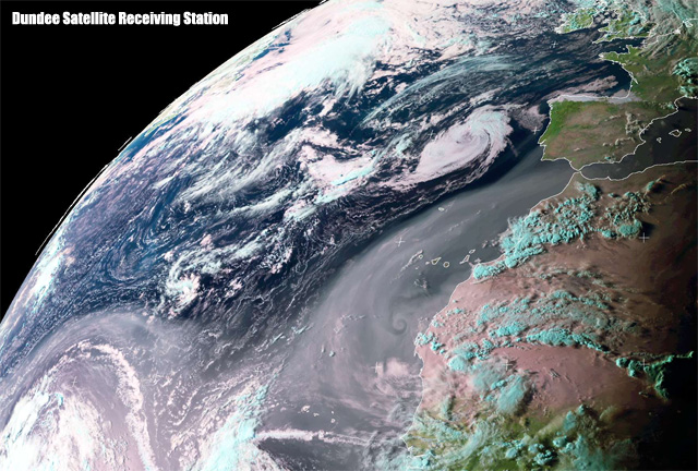 Imagen visible y falso color RGB captada ayer por el satélite Meteosat-9, 21.08.12, 18 UTC.