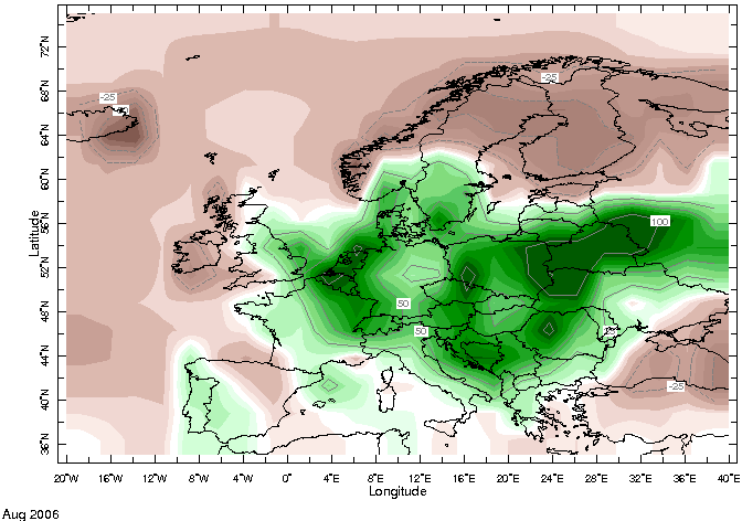 Anomalía de precipitación en Europa para el mes de agosto de 2006. Crédito: IRI.