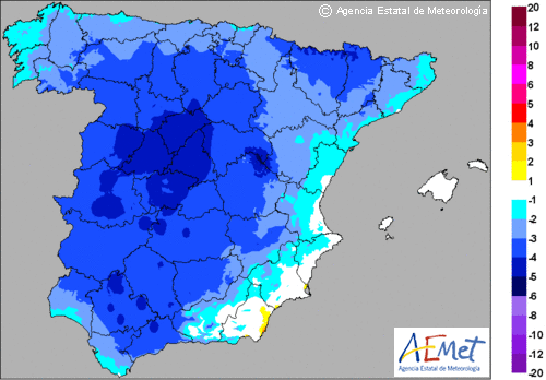 Variación de las temperaturas máximas para pasado mañana en la Península y Baleares.