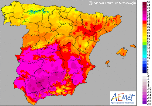Temperaturas máximas previstas para hoy en la Península y Baleares.