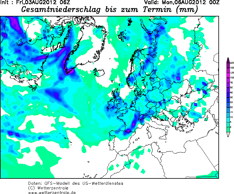 Precipitación acumulada desde hoy a las 06 UTC hasta el próximo lunes, 00 UTC. Modelo meteorológico GFS. Crédito: wetterzentrale.