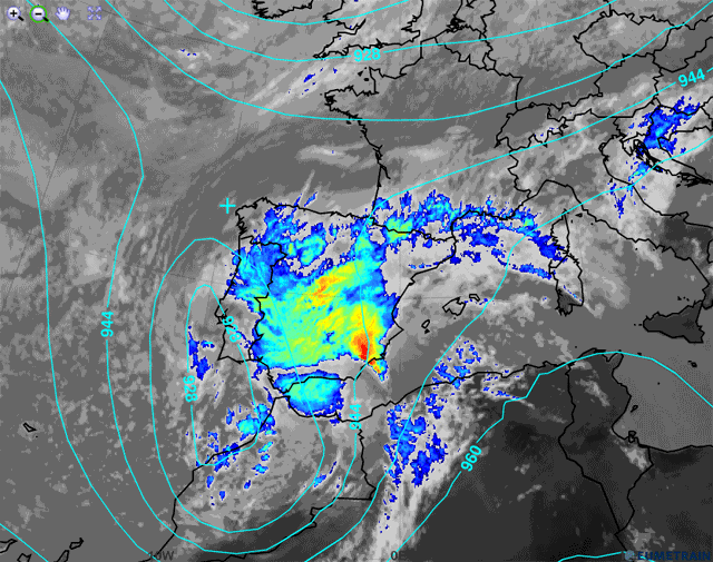 Imagen infrarroja y falso color RGB (modo convección), y campo de isohipsas de 300 hPa, centrado en la Península Ibérica. 28.09.12, 12 UTC. Crédito: EUMETRAIN.