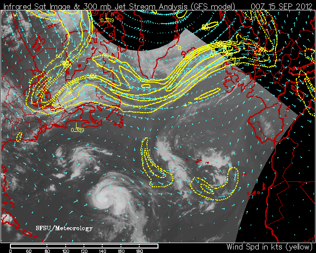 Imagen en modo infrarrojo y vientos a 300 hPa (corrientes en chorro), 15.09.12, 00 UTC.