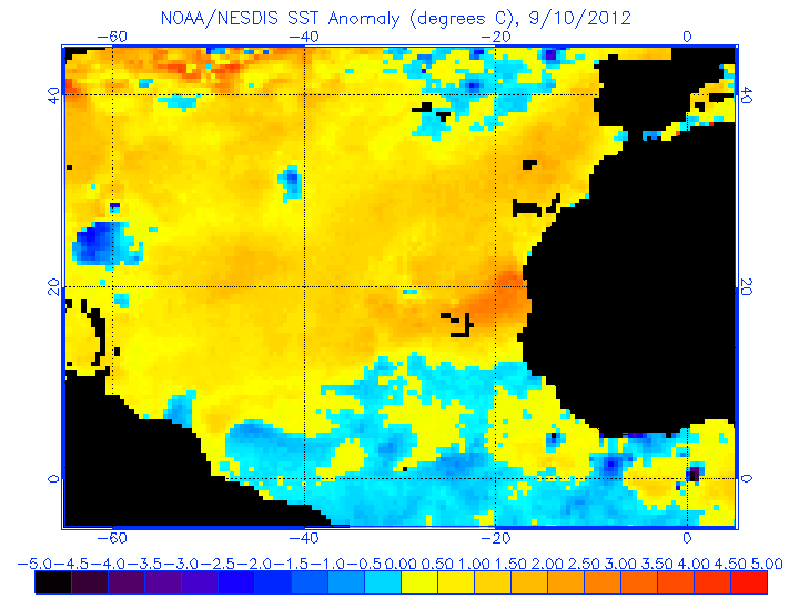 Anomalía de temperatura en aguas superficiales del Atlántico Oriental, 10.09.12. Crédito: NOAA.