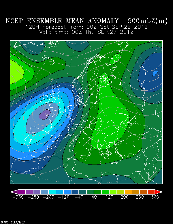 Anomalía de altura geopotencial de 500 hPa, previsto para el 27.09.12, 00 UTC. Crédito: NCEP